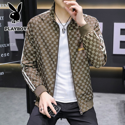 花花公子立领春秋修身印花夹克