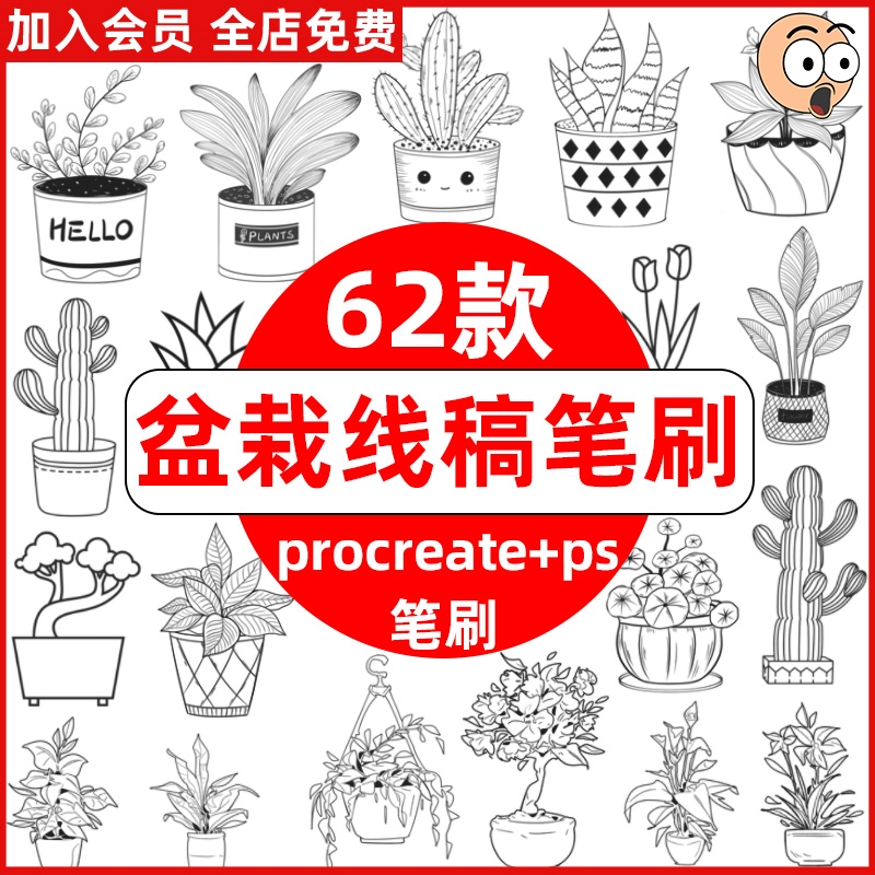 ps笔刷procreate盆栽植物绿植简笔画手绘盆景插画线描临摹上色