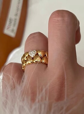 中古爱心戒指Vintage复古镀18k金镶钻双层叠拼桃心镶钻食指戒指环