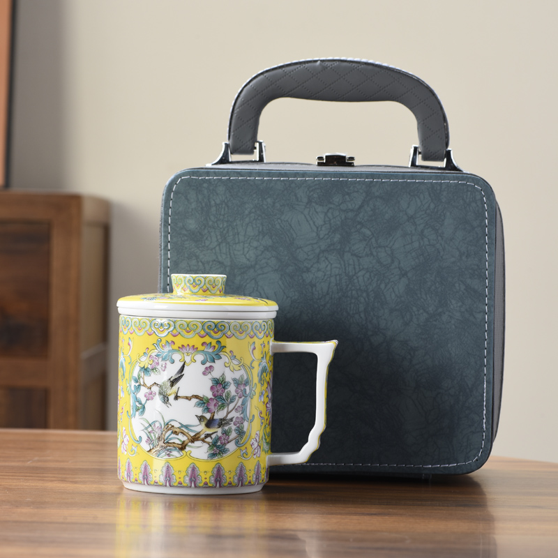 珐琅彩马克杯带盖过滤中式泡茶杯茶水分离陶瓷高档水杯个人杯礼盒