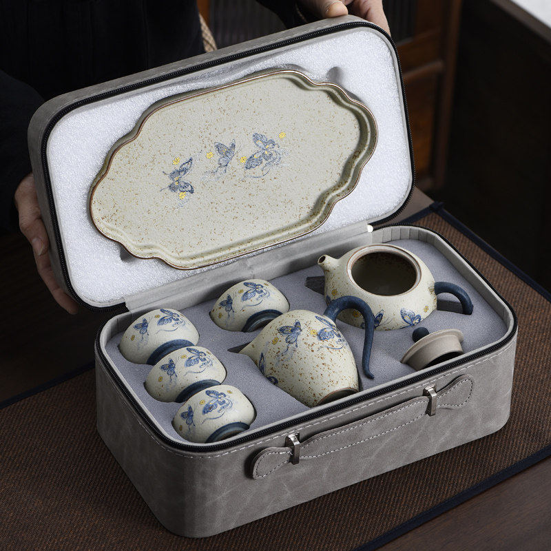 新款复古高档火石红蝴蝶纹旅行茶具套装家用便携陶瓷茶壶茶杯礼品,餐饮具,旅行茶具,淘宝优惠券,粉丝福利购,淘宝优惠卷