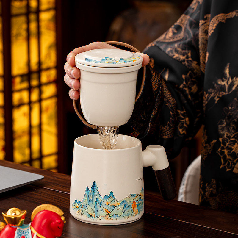 茶水分离泡茶杯子喝水大容量男士陶瓷杯办公室马克杯带盖过滤定制