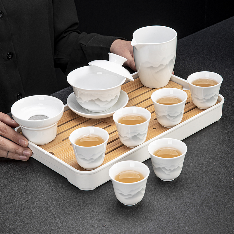 羊脂玉瓷功夫茶具套装白瓷家用办公泡茶盖碗陶瓷茶杯茶盘整套礼盒