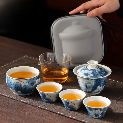 复古青花陶瓷旅行茶具套装户外便携式盖碗单人快客收纳包一壶四杯