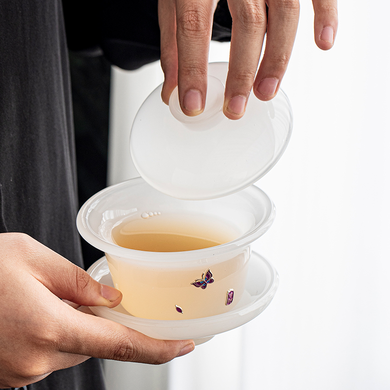 锔钉白玉琉璃三才盖碗茶杯单个家用玉瓷功夫茶具泡茶器防烫敬茶碗