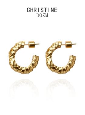 欧美复古金色纹理显瘦耳环小众设计感高级气质耳钉925银针耳饰女