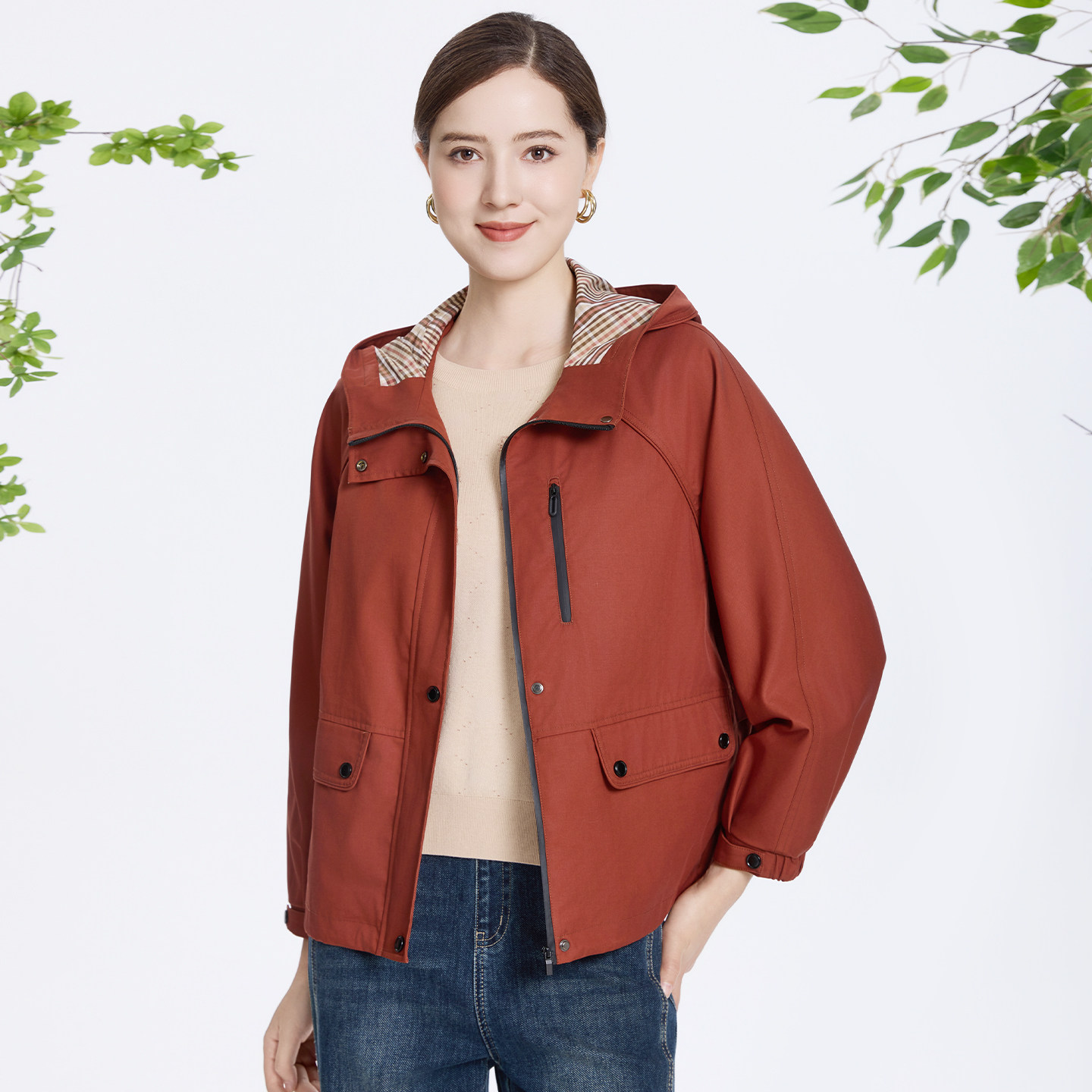 赏心岁月中年妈妈休闲连帽风衣外套2026春装新款上衣洋气妈妈装 - 赏心岁月旗舰店出品