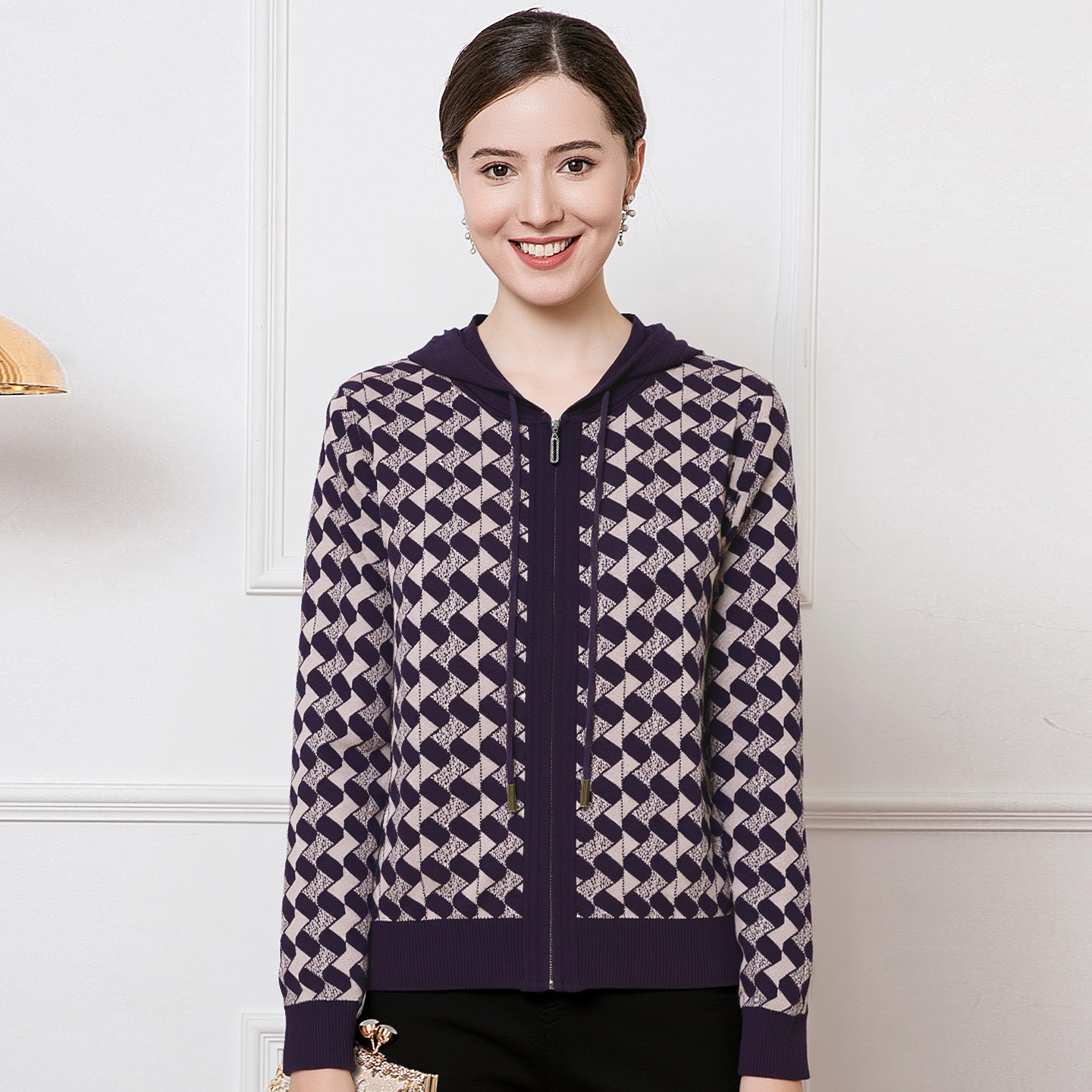 中老年女装妈妈连帽针织开衫