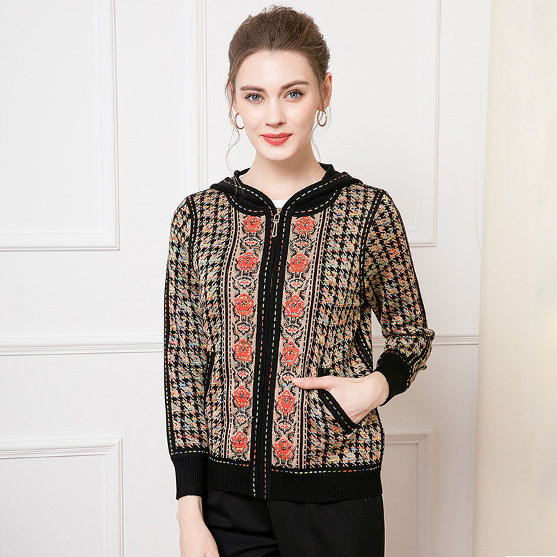 赏心岁月妈妈千鸟格连帽针织开衫洋气时尚春秋新款外套宽松大码,女装/女士精品,中老年女装,淘宝优惠券,粉丝福利购,淘宝优惠卷