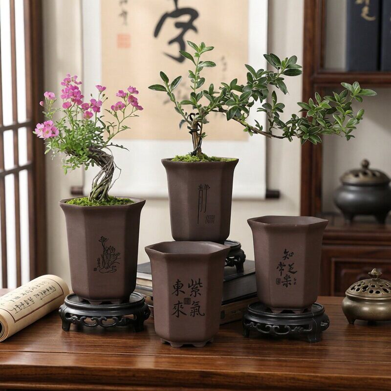 紫砂六方兰花盆多肉花卉植物六方形盆景盆陶瓷花盆桌面六角带托盘