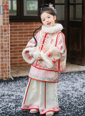 乌扣.山茶 女童格格服冬季儿童改良冬款清汉女加绒套装冬季