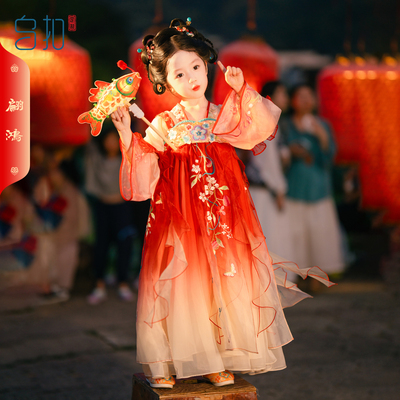 乌扣.翩鸿 女童汉服春秋儿童襦裙中国风古装超仙长袖连衣裙重工