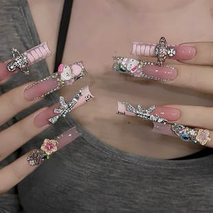 超长法式美甲手绘手工穿戴甲贴猫咪美甲可爱甜美美甲学生