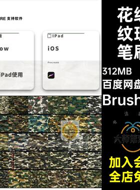200款面料纹理笔刷背景Procreate布料花纹伪装画笔迷彩绘Brushset