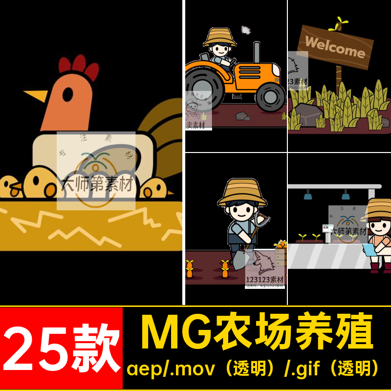 MG农民图标播养鸡可编辑透明AE25款养殖素材卡通动画种地源文件
