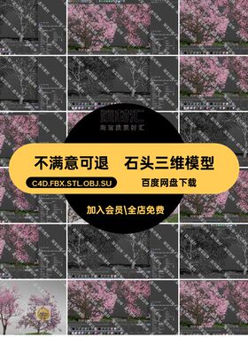 草坪三维模型C4D.FBX.STL.OBJ.SU樱花树三维模型石块石头树木植物