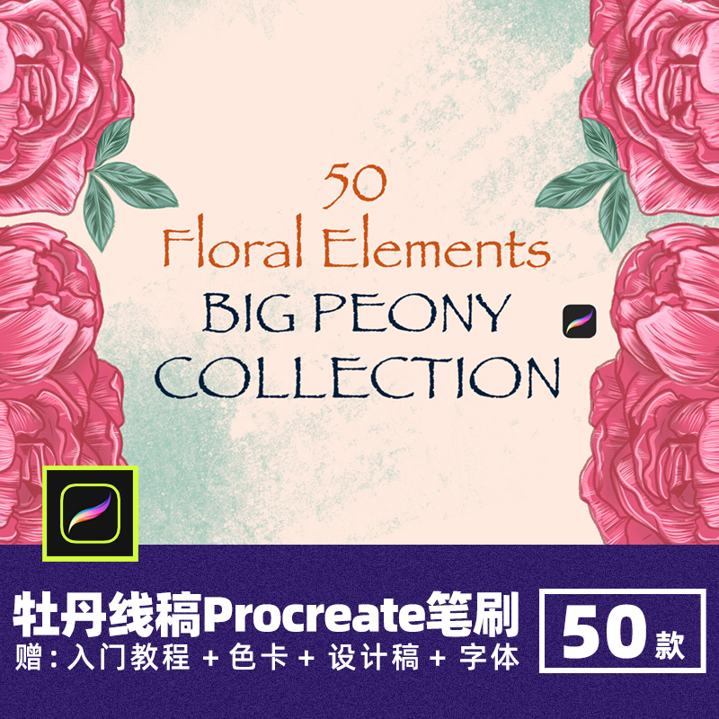 国花牡丹辅助线稿Procreate笔刷花朵花卉贺卡装饰元素印花绘画笔