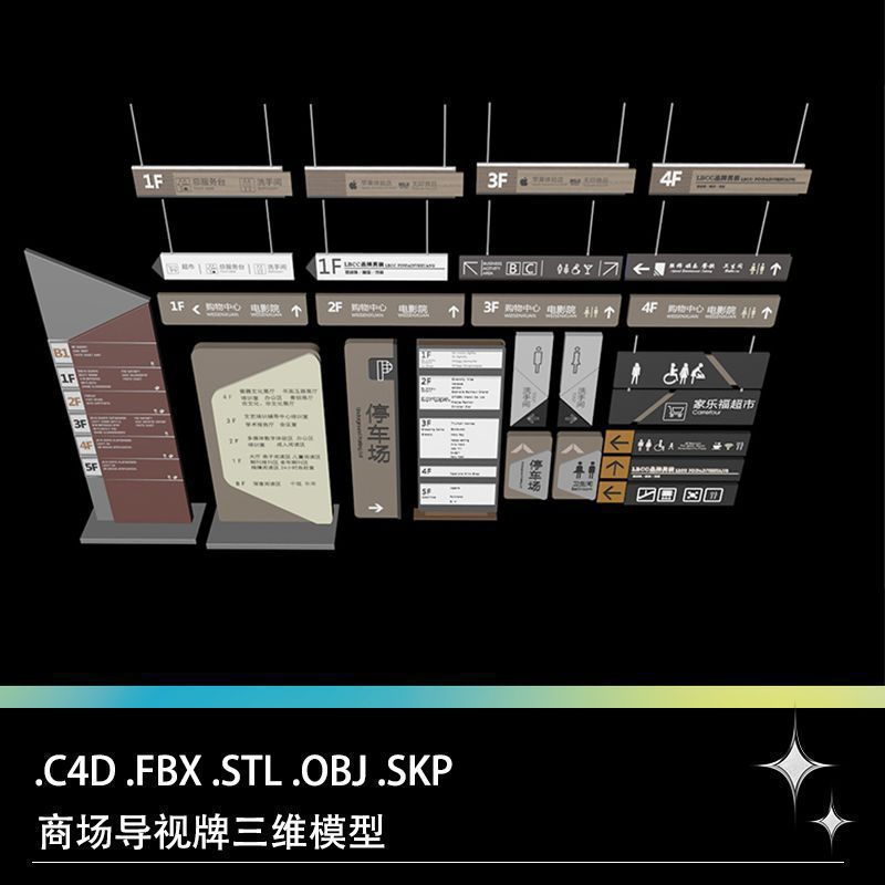 C4D FBX STL OBJ SU商场超市购物中心导视牌指引牌指示牌模型素材