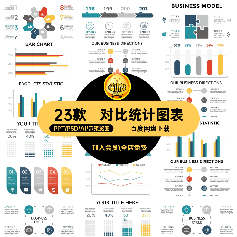 23款对比统计图表设计PSDAI质量说明模板数据统计图表素材分析