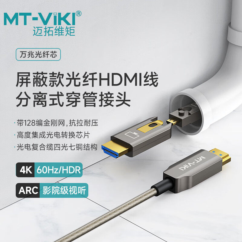 迈拓维矩 HDMI光纤线4K60Hz穿管线发烧级2.0版高清工程装修电脑连接加长线可拆卸分离式接头 MT-HF7100