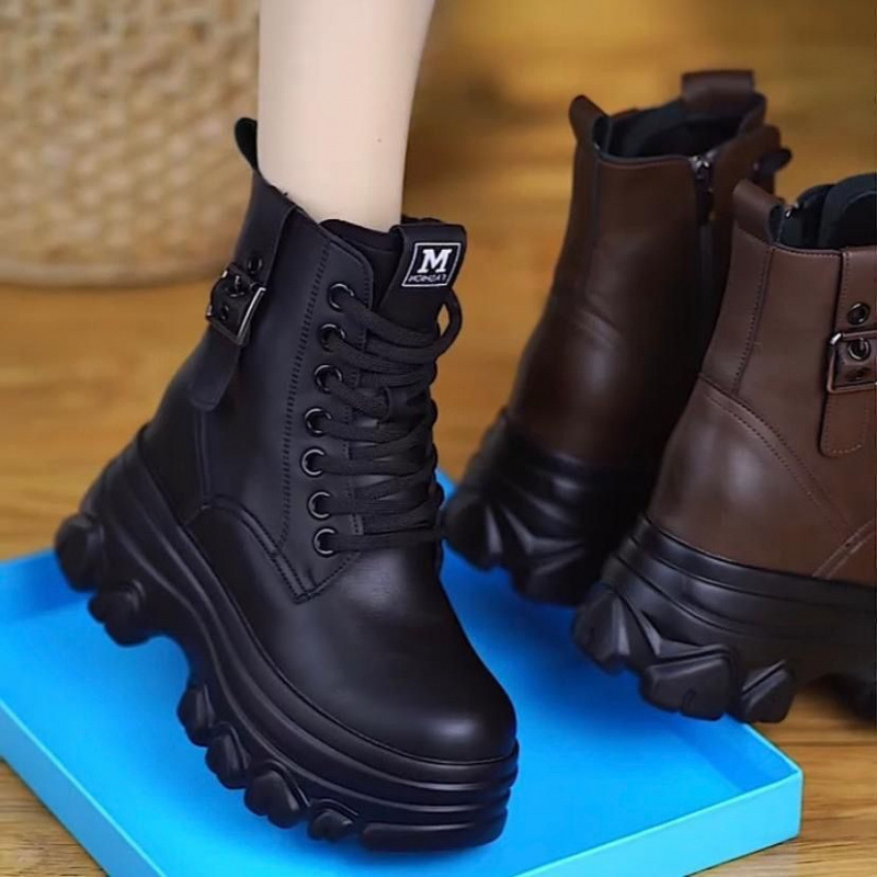 马丁靴女秋2025新款小个子真皮厚底短靴女冬季加绒防滑保暖鞋