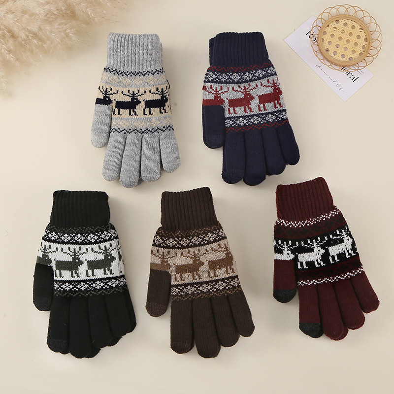 冬季创意麋鹿分指保暖手套 加绒加厚户外防寒针织毛线触屏手套