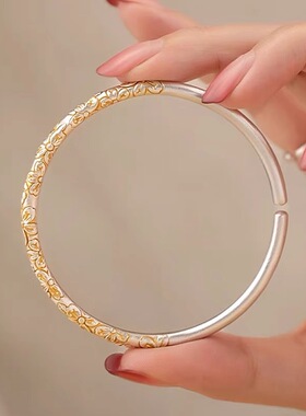 英国TopWhit新中式樱花手镯女复古风描金实心手工雕刻文艺气质