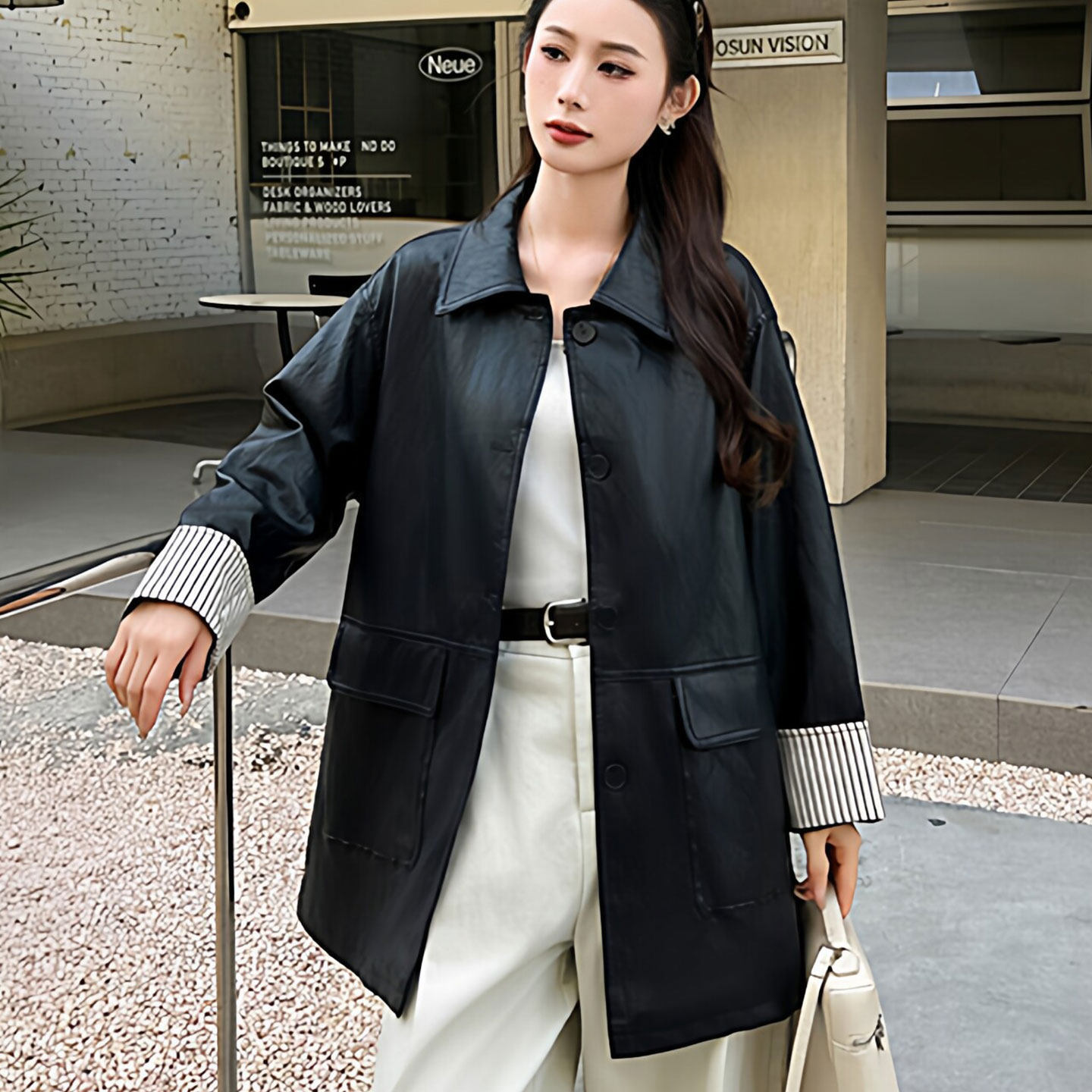 日系设计师TopWhit皮衣女2026春季新款复古风气质百搭翻领中长款