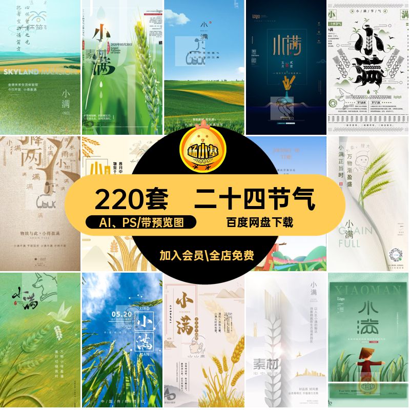 220套二十四节气节日PSD商业24AI PS插画小满地产宣传模版创意