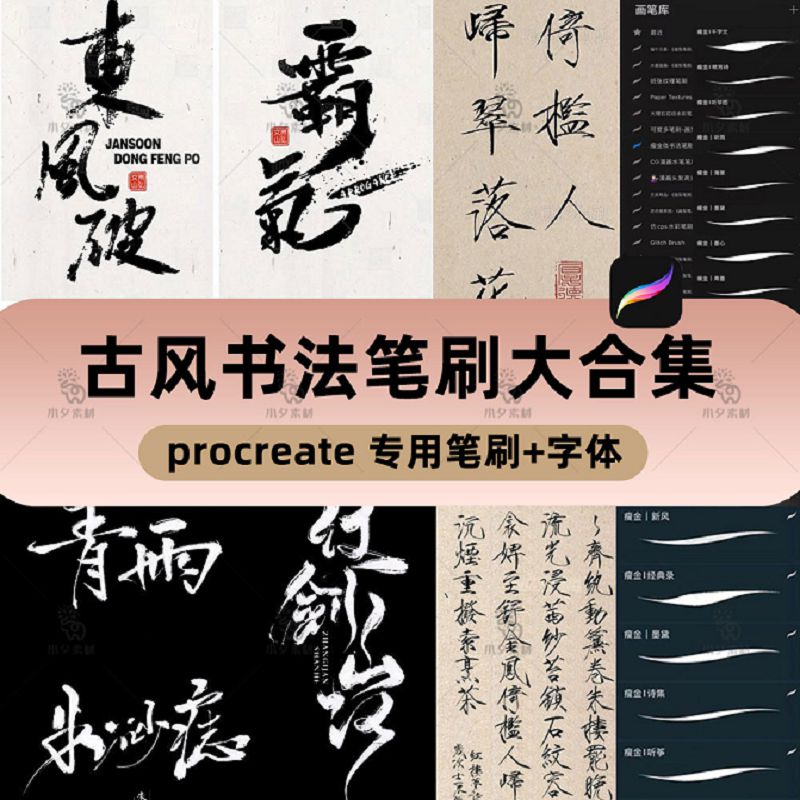 古风书法procreate笔刷水墨写字手写瘦金体中文板写毛笔ipad字体