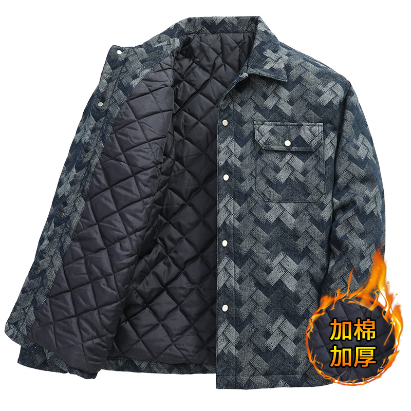 欧美复古格子牛仔外套男秋冬新款加肥加大棉衣痞帅机车加棉厚夹克