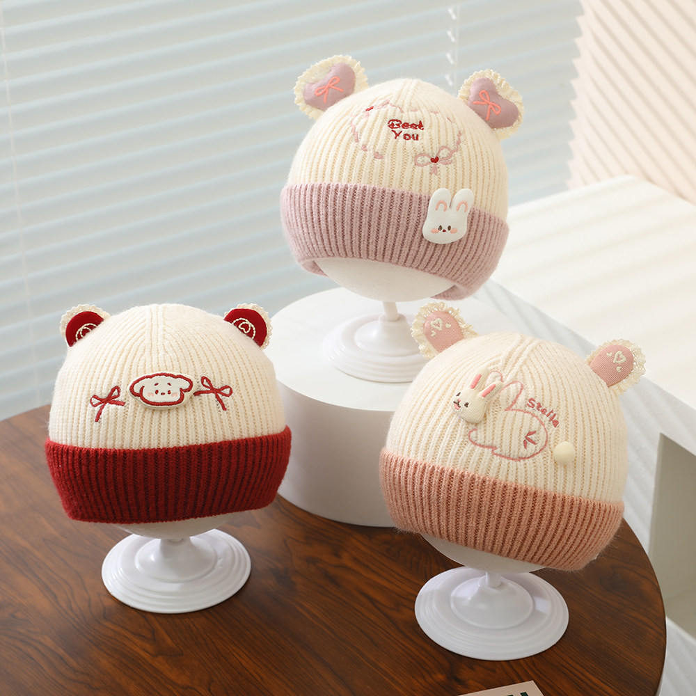 婴幼儿帽子秋冬针织毛线套头帽卡通动物可爱女宝宝保暖棉内衬公主