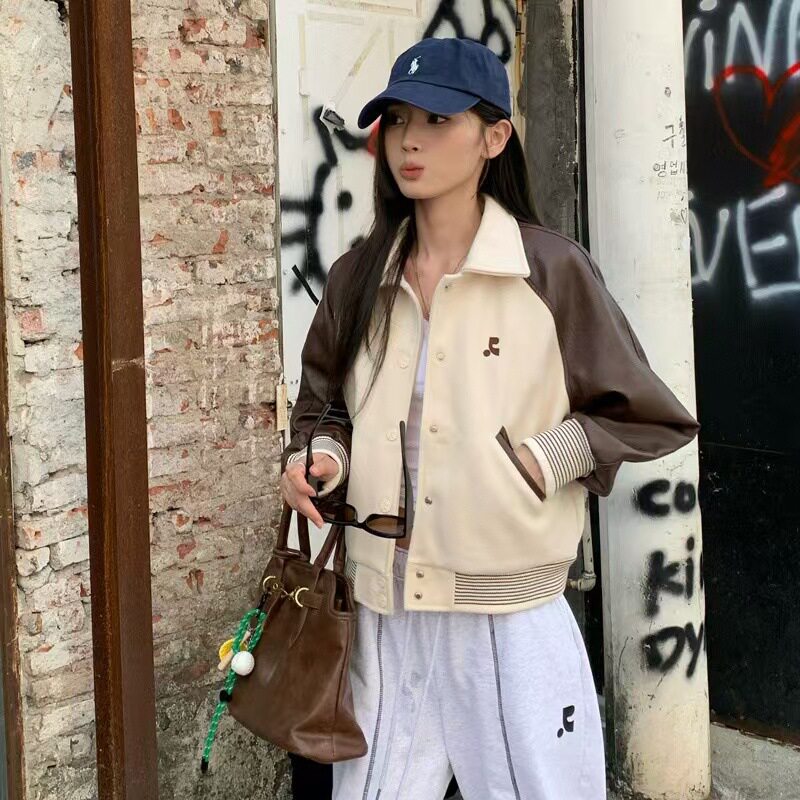 韩国女装RR同款字母刺绣拼接棒球服2025春季宽松夹克潮牌短外套