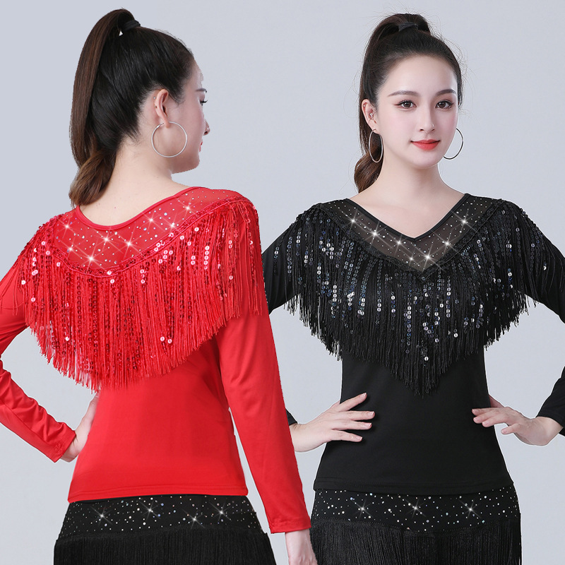 秋冬广场舞服装新款拉丁舞服女摩登舞上衣国标舞跳舞衣流苏水兵