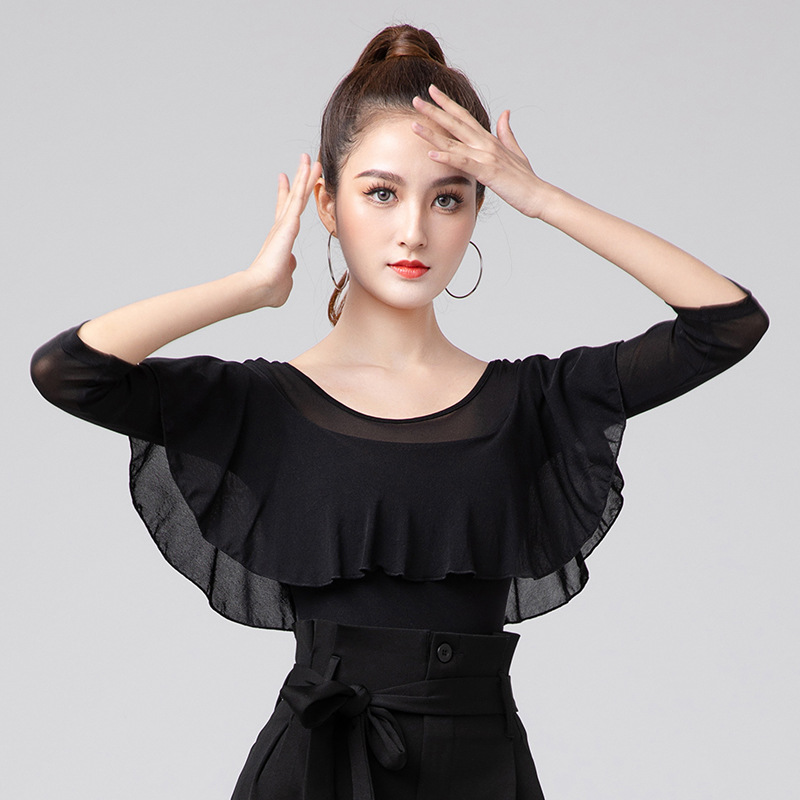 拉丁舞上衣七分袖2022荷叶边黑色连体衣练功服女国标舞上装女