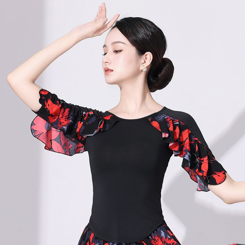 摩登舞上装女中袖花色舞蹈上衣广场交谊舞小衫女士国标舞服2024