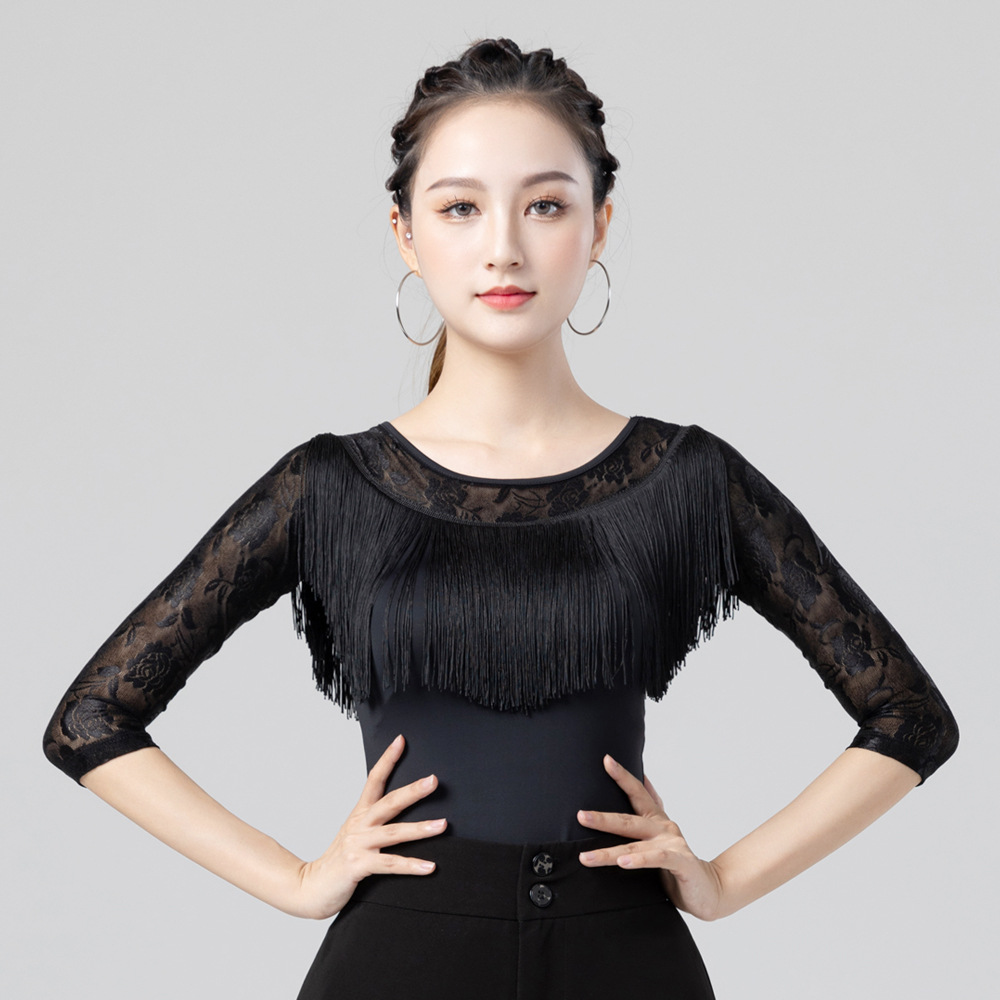 拉丁舞服上衣女新款亮色练习服连体衣秋冬流苏国标摩登舞衣