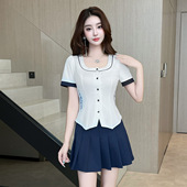 衬衫 甜美海军领收腰短袖 高腰半身裙两件套 女夏季 学院风jk制服套装