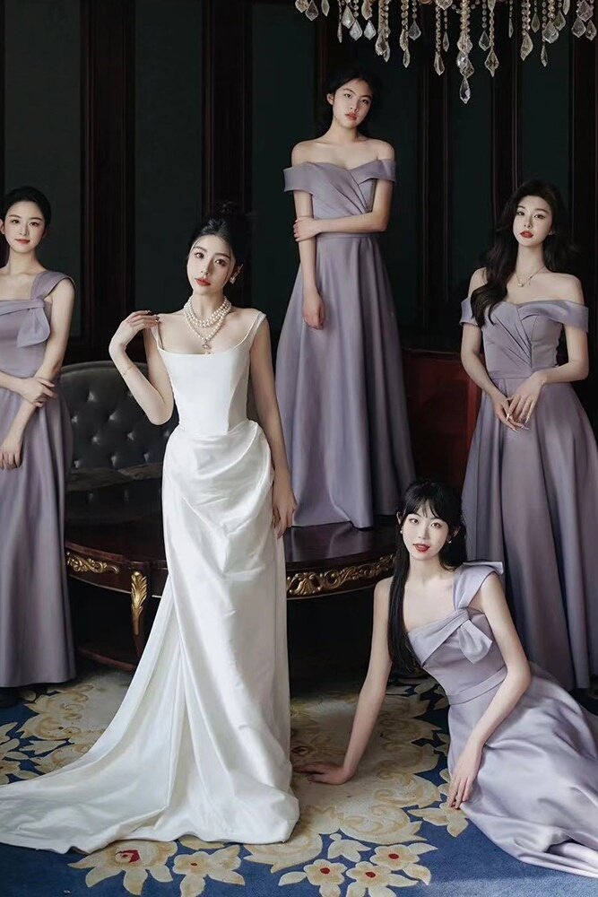 伴娘服租赁2025新款紫色缎面显瘦轻奢礼服高端轻奢小众伴娘团出租