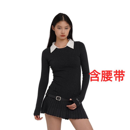 SweetChilling假两件衬衫领学院风修身连衣裙百褶裙配腰带