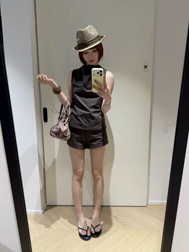 iteatoffice*老钱风夏日度假清凉感后背翻折无袖背心休闲短裤套装