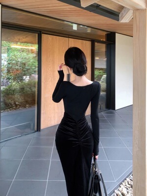 JAYKY YANG【解构天分】丝绒拼接褶皱针织裙修身显瘦垂感休闲长裙