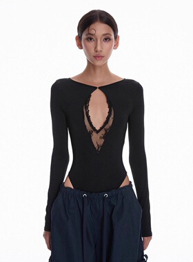 辣妹斩男黑色镂空上衣秋季新款蕾丝拼接连体衣