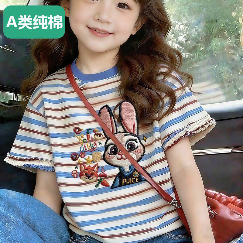 全棉女童100%纯棉短袖体恤中大童夏季韩版拼接条纹男圆领短袖T恤
