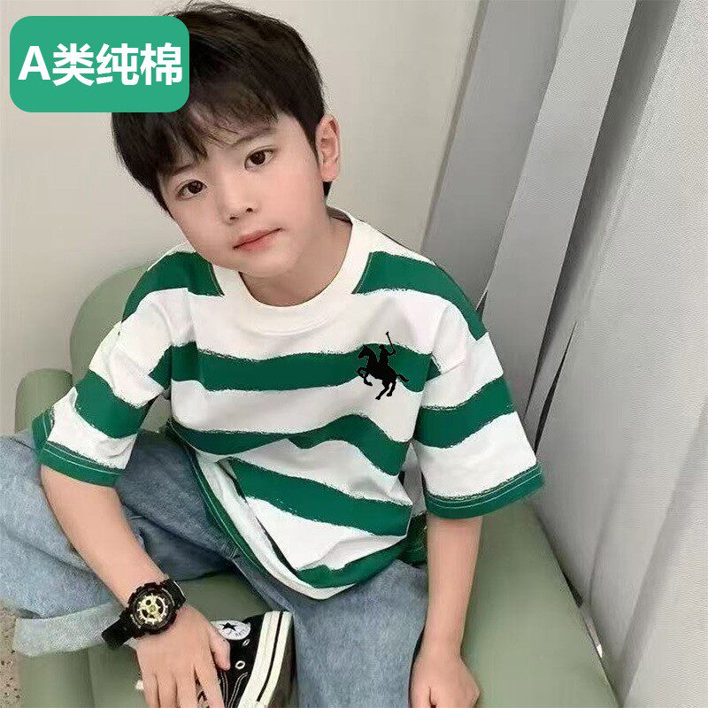 全棉儿童短袖100%纯棉男童女童条纹T恤夏季半袖中大童新款圆领宽
