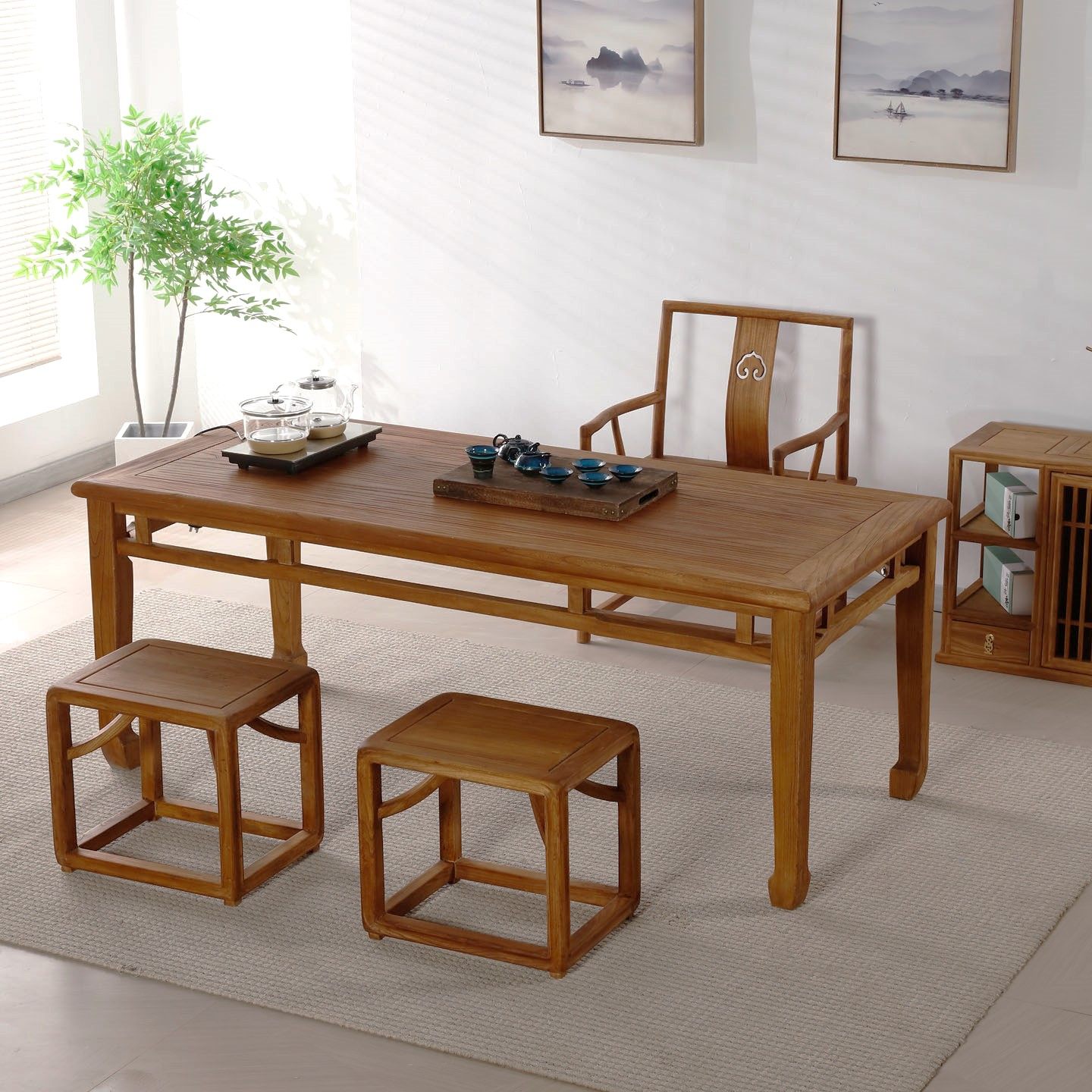 老榆木马蹄茶桌全实木新中式复古禅意家用泡茶台书桌餐桌椅长条凳