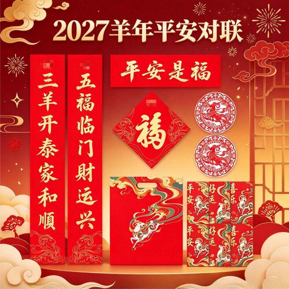 2027羊年新春银行保险对联大礼包六件套平安春联福二元门神对联