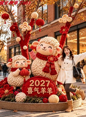 2027喜气羊羊毛绒春节美陈摆件