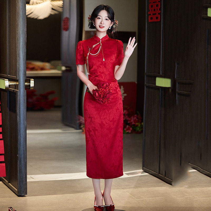 红色国风新中式旗袍改良年轻款女高级感订婚礼服敬酒服新娘回门服