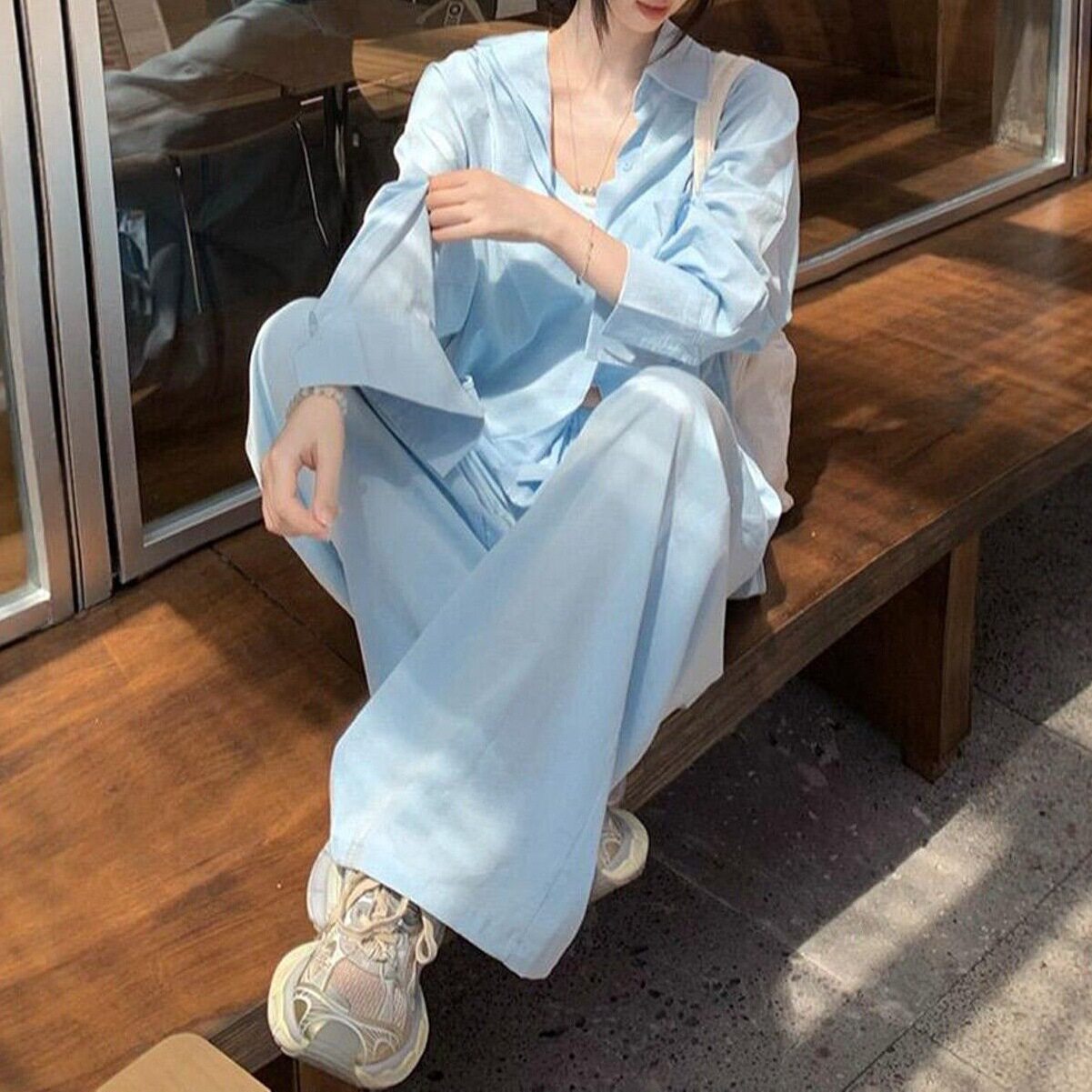 韩系休闲运动服套装女夏季时尚酷飒宽松显瘦防晒衬衫阔腿裤两件套